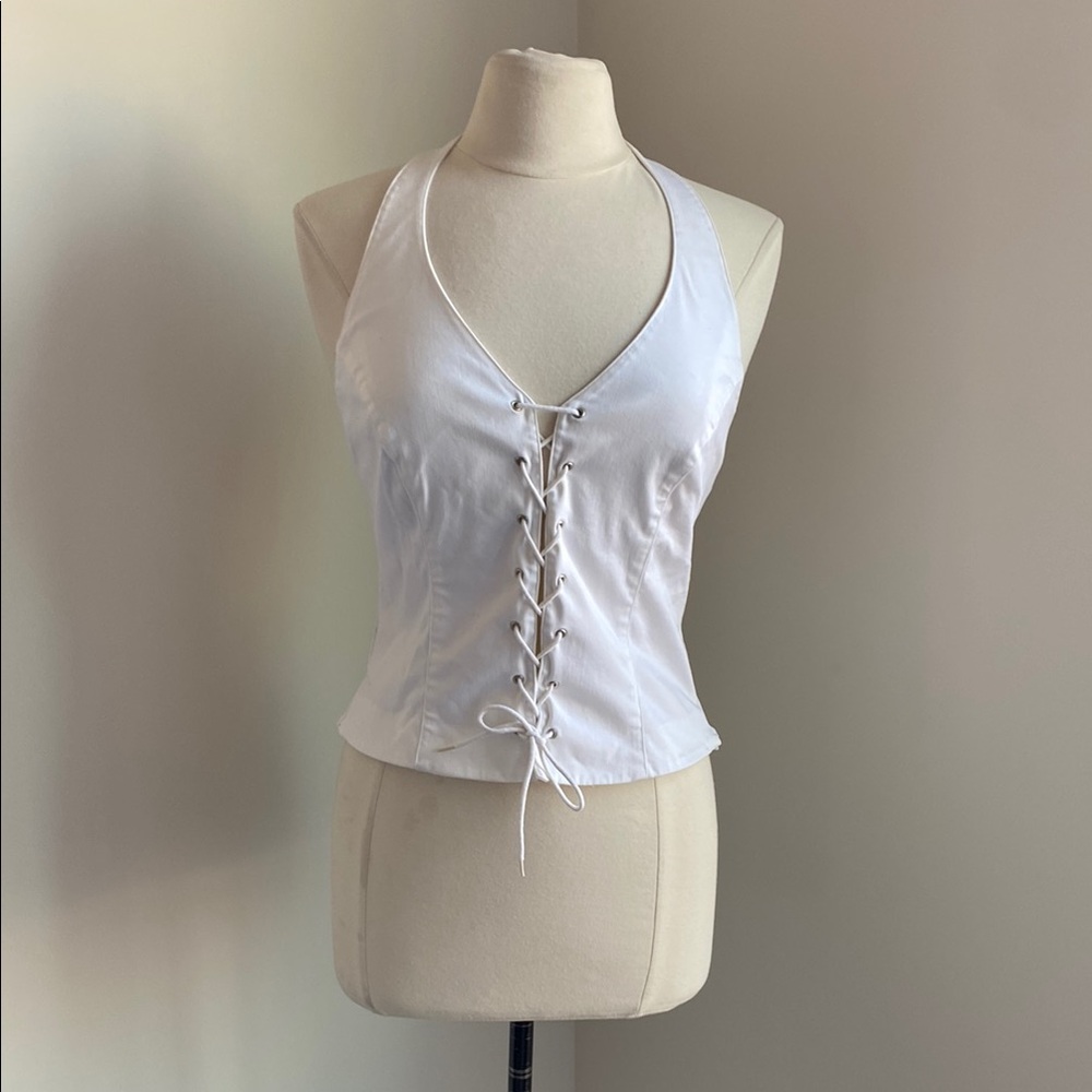 Cache White Lace-Up Halter Corset Top